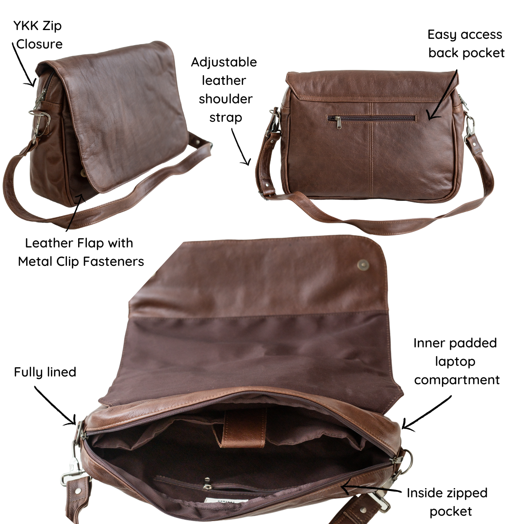 Maribu Leather Laptop Messenger Bag in Walnut