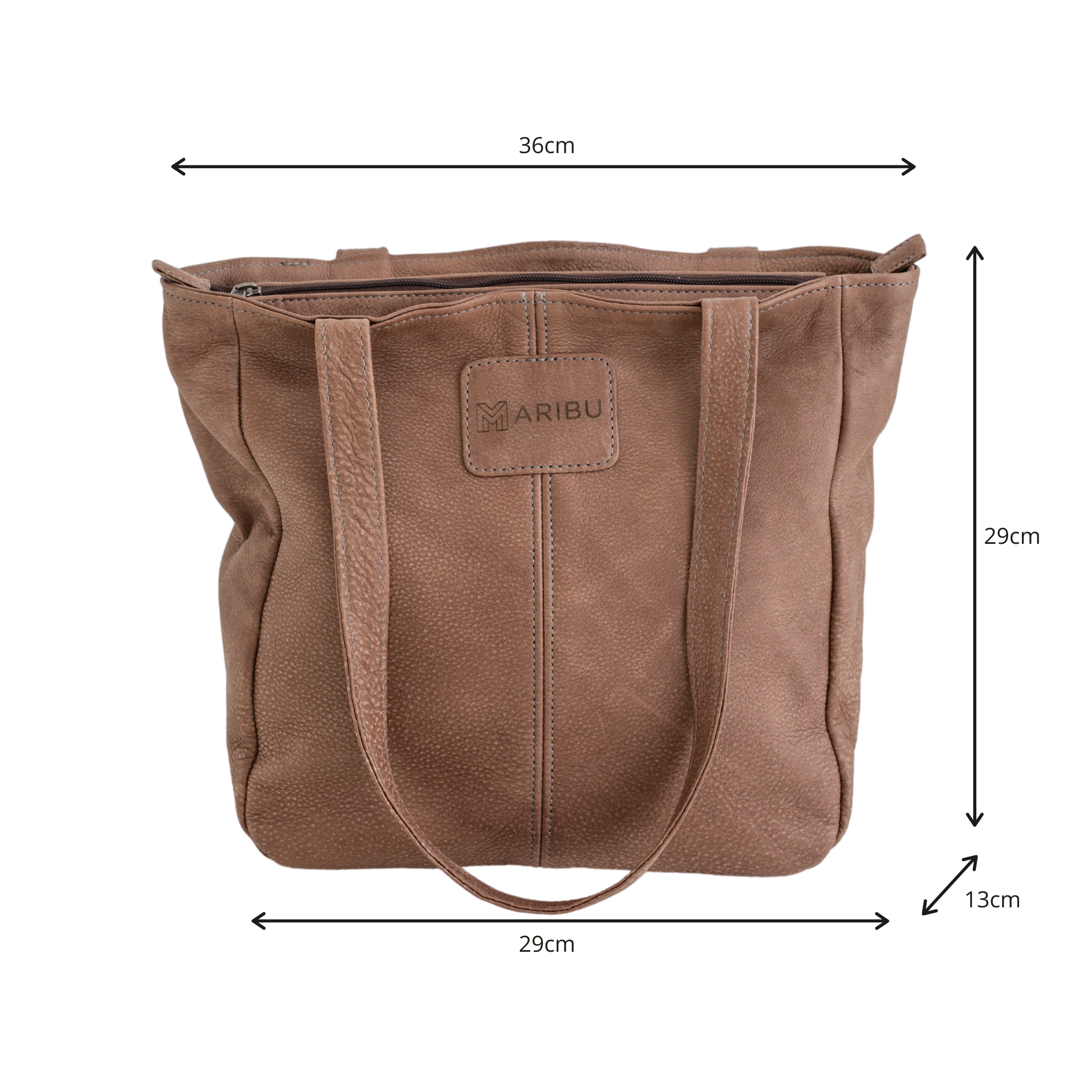 Brown Leather Maribu Handbag with dimensions and measurements