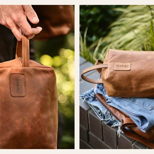 Maribu Leather Toiletry Bag in Pecan and Tan