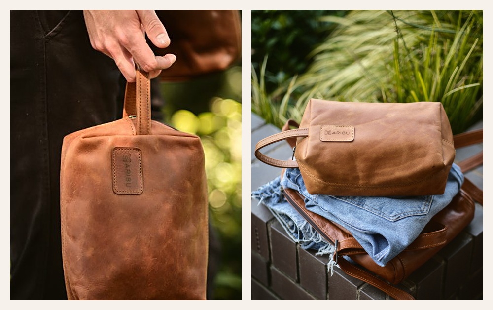 Maribu Leather Toiletry Bag in Pecan and Tan
