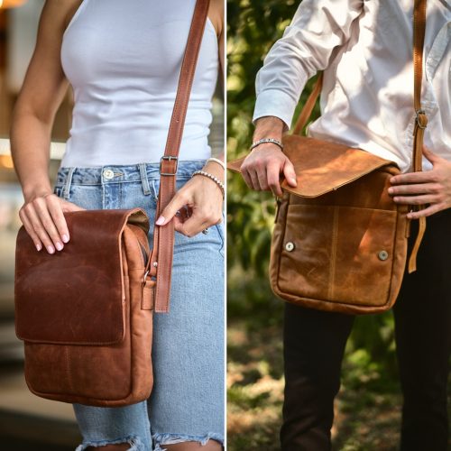 Maribu Leather Postman Bag in Pecan and Tan