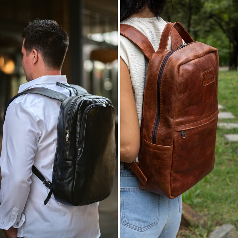 Maribu Leather Laptop Backpack in Black and Jo Laptop Backpack in Pecan