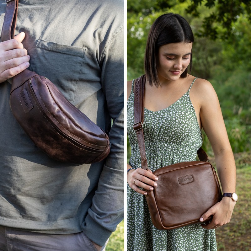 Maribu Leather Moonbag in Choc and Jade Bowler Bag in Walnut