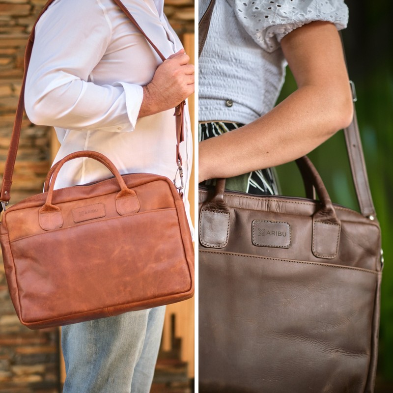Maribu Leather Nova Laptop Bag in Pecan and 14" Laptop Bag in Choc