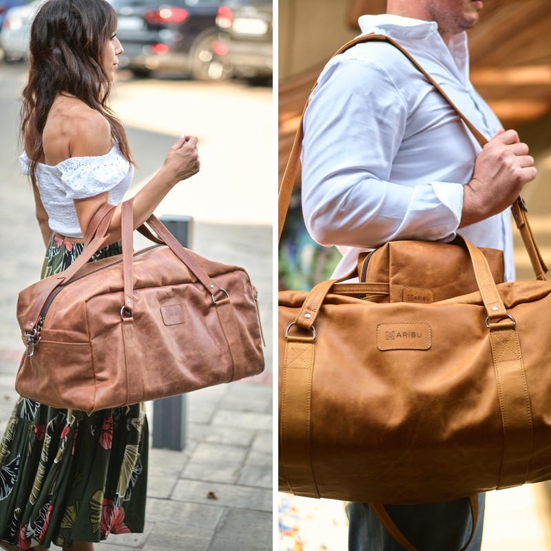 Maribu Leather Travel Bag in Pecan and Tan