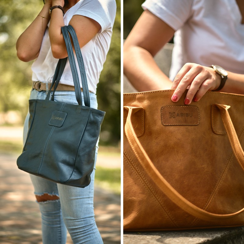 Maribu Leather MJ Handbag in Navy and Athena Handbag in Tan
